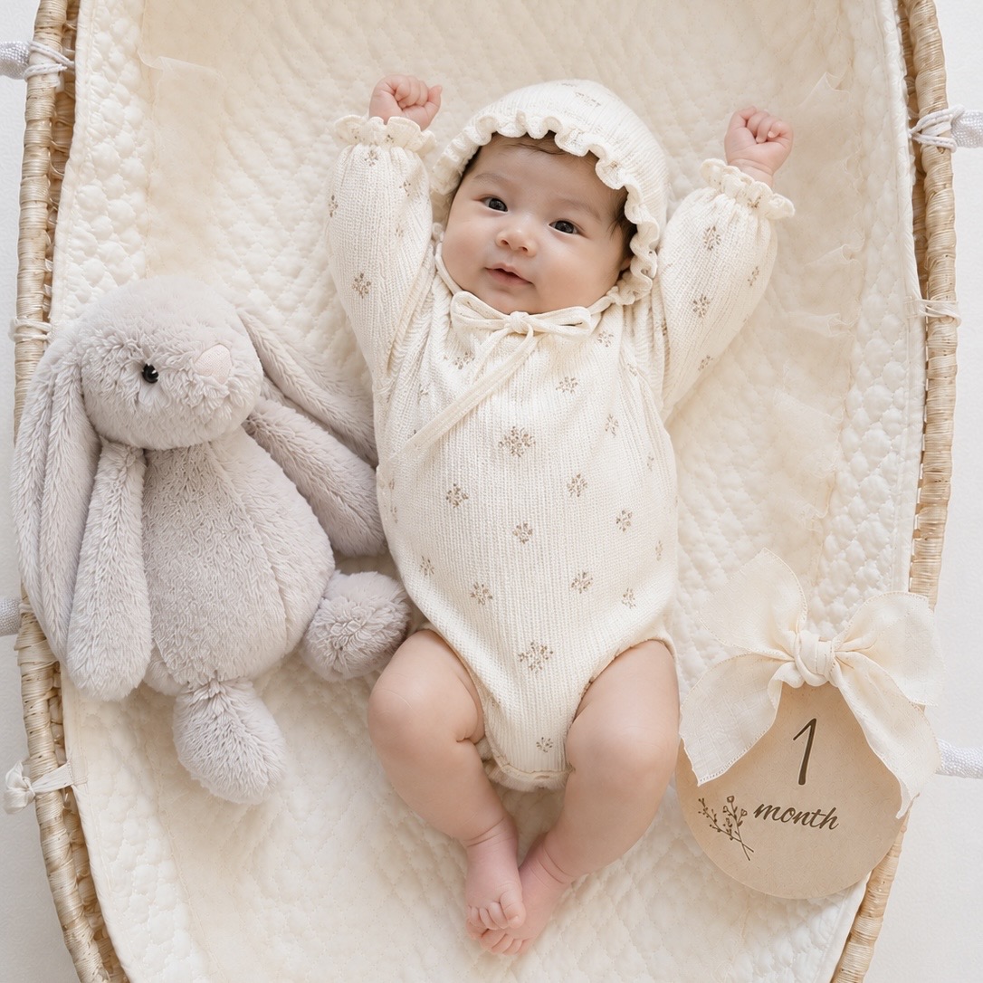 バスケットの中で両手を上げた生後1ヶ月の赤ちゃんと、グレーのバニープラッシュ、木製の1monthカード