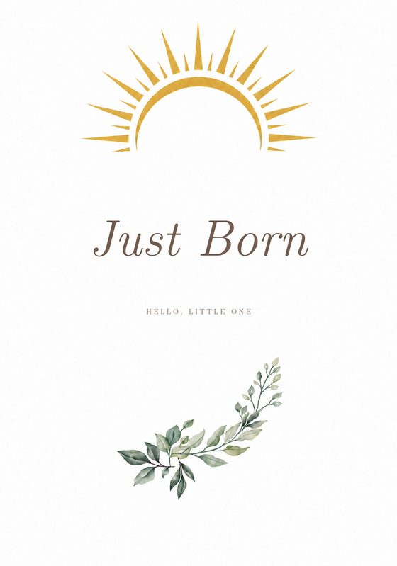 このブログで配布しているJust BornカードのL判データの見本。上に金色の太陽、下に緑の葉、中央にJust Bornの文字