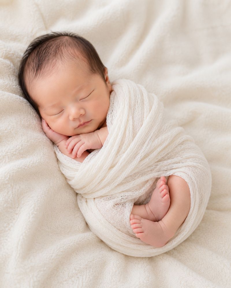 おくるみで横向きに眠る新生児。手足をのぞかせた自然なポーズ