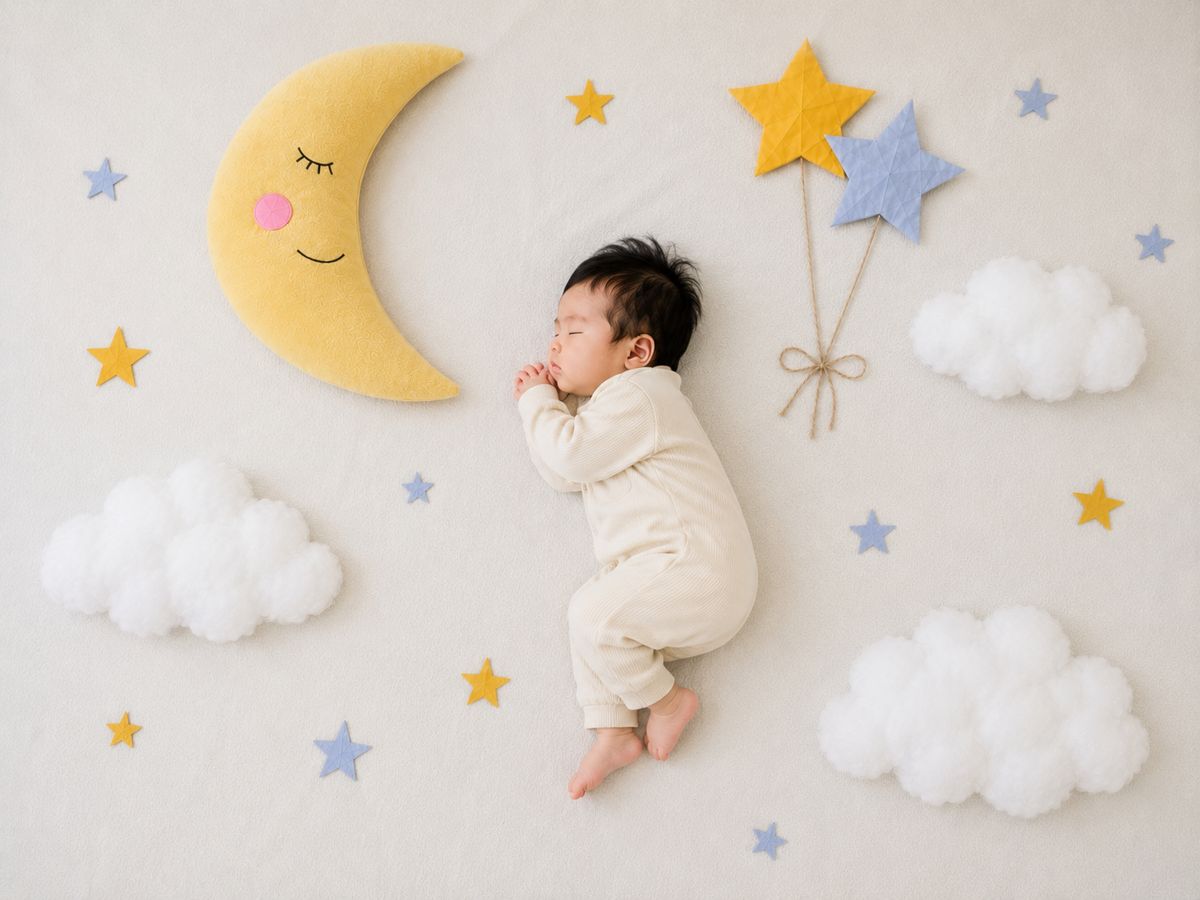 月と雲、星に囲まれてまるくなって眠る赤ちゃんの寝相アート
